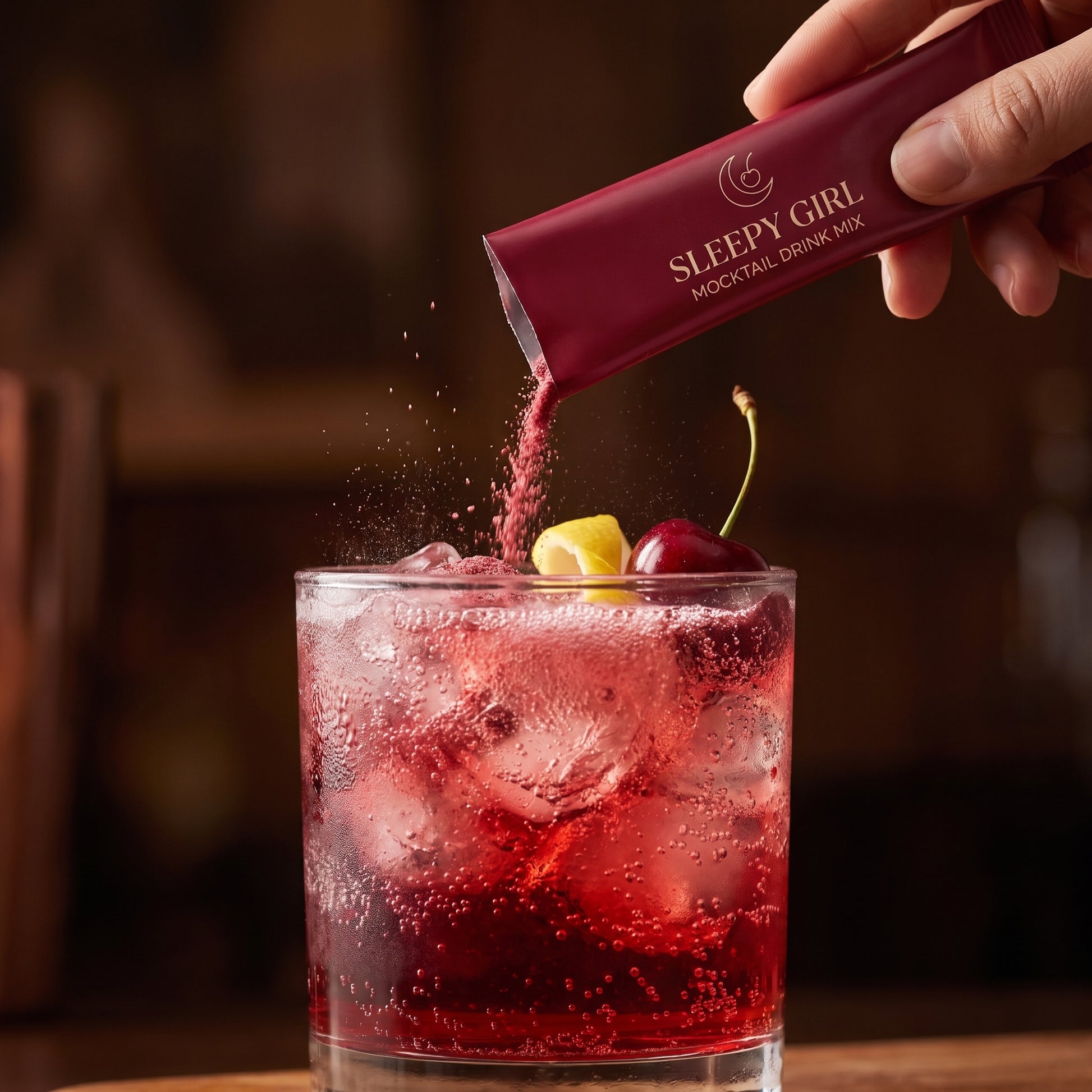 Tart cherry fizz pour close-up