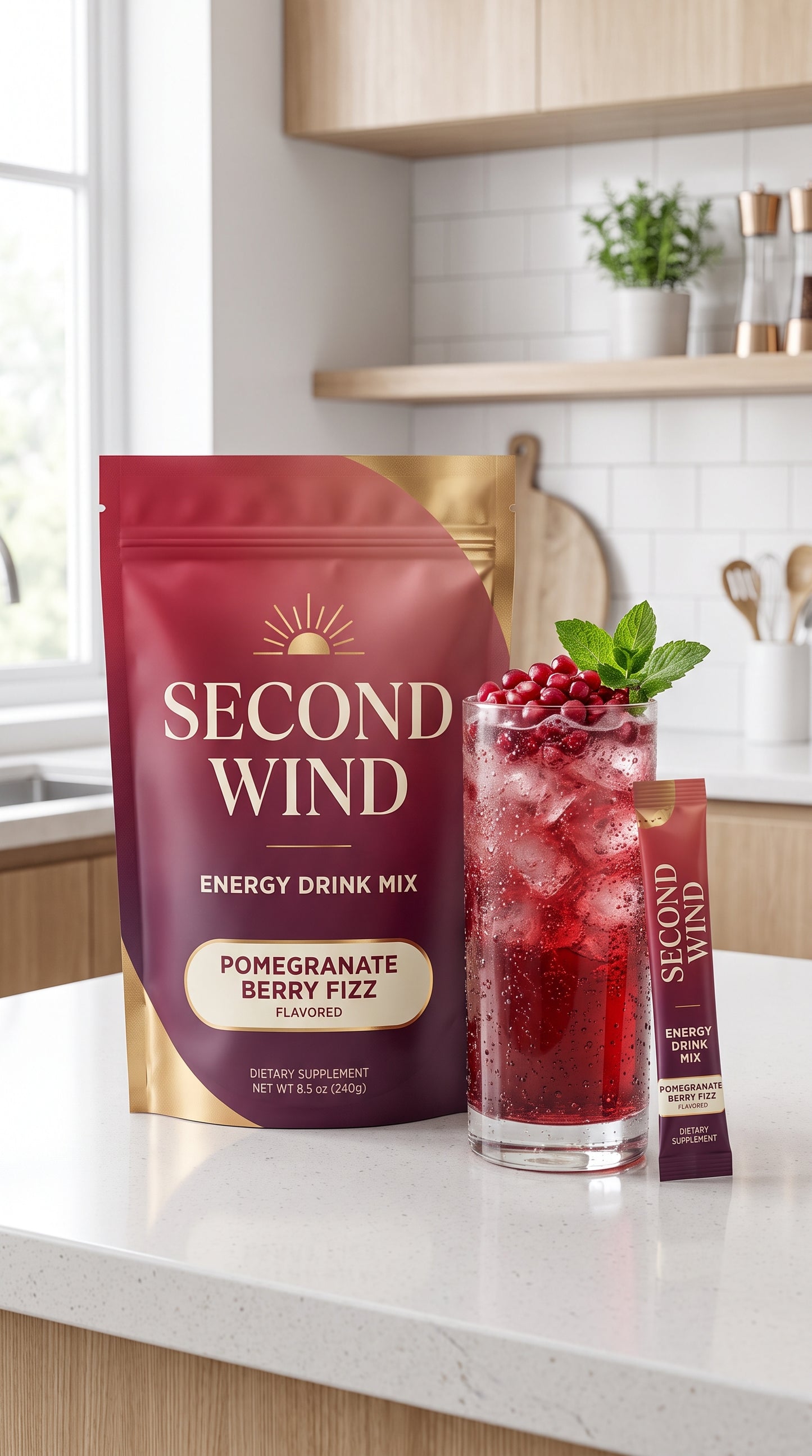 Second Wind Pomegranate Berry Fizz pouch and drink