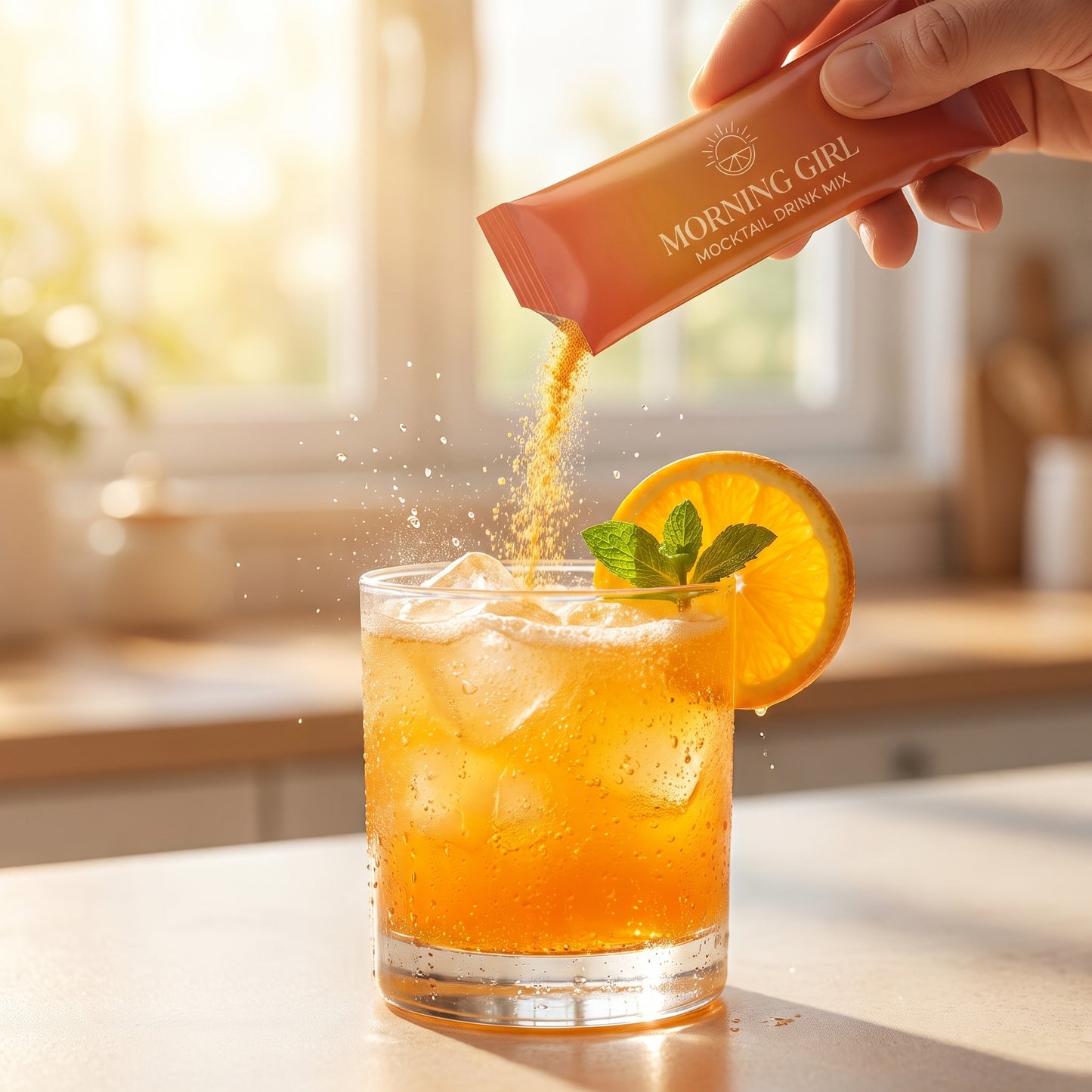 Citrus sunrise fizz pour close-up