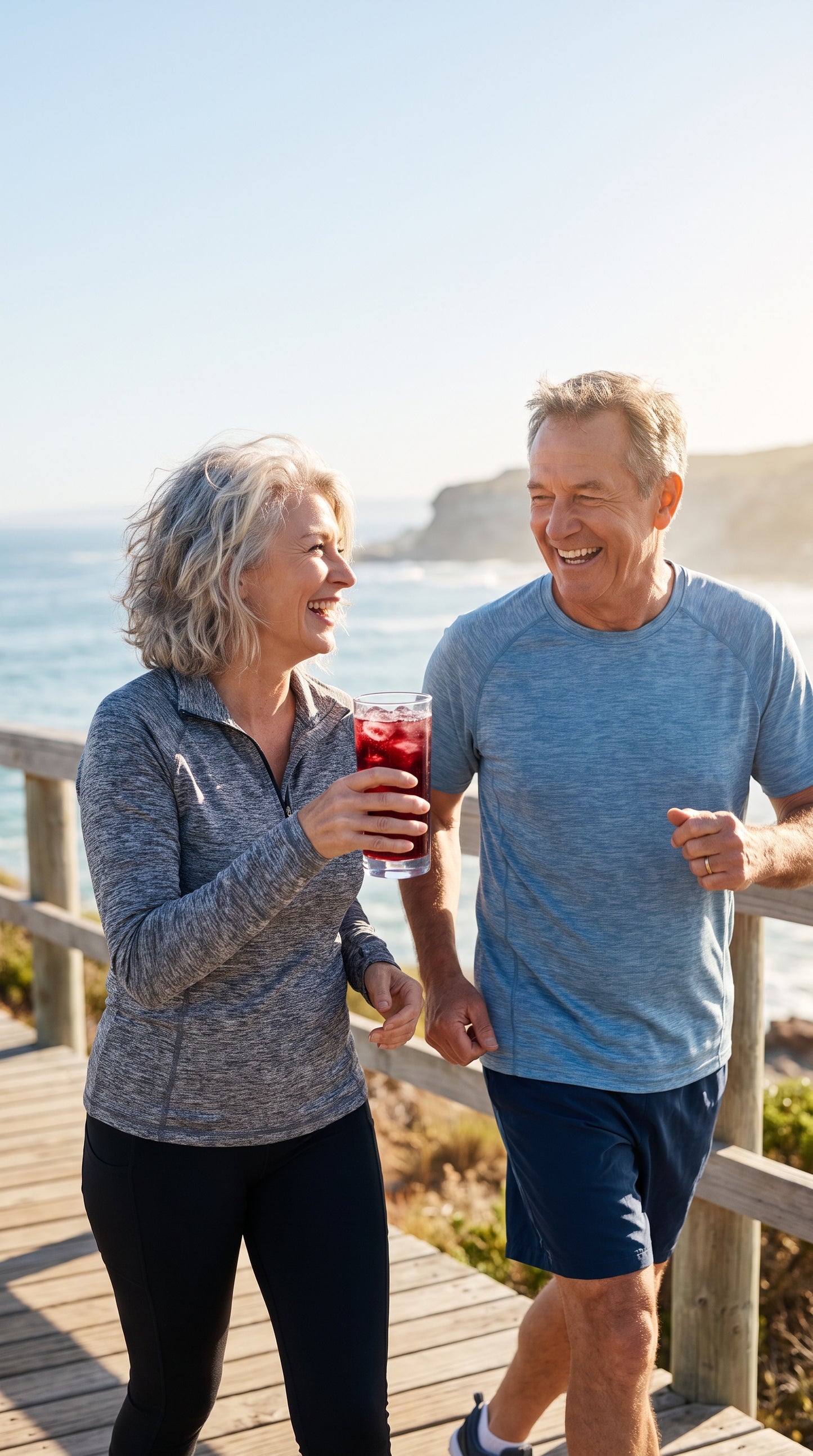 Active couple in their sixties walking a coastal boardwalk with Second Wind