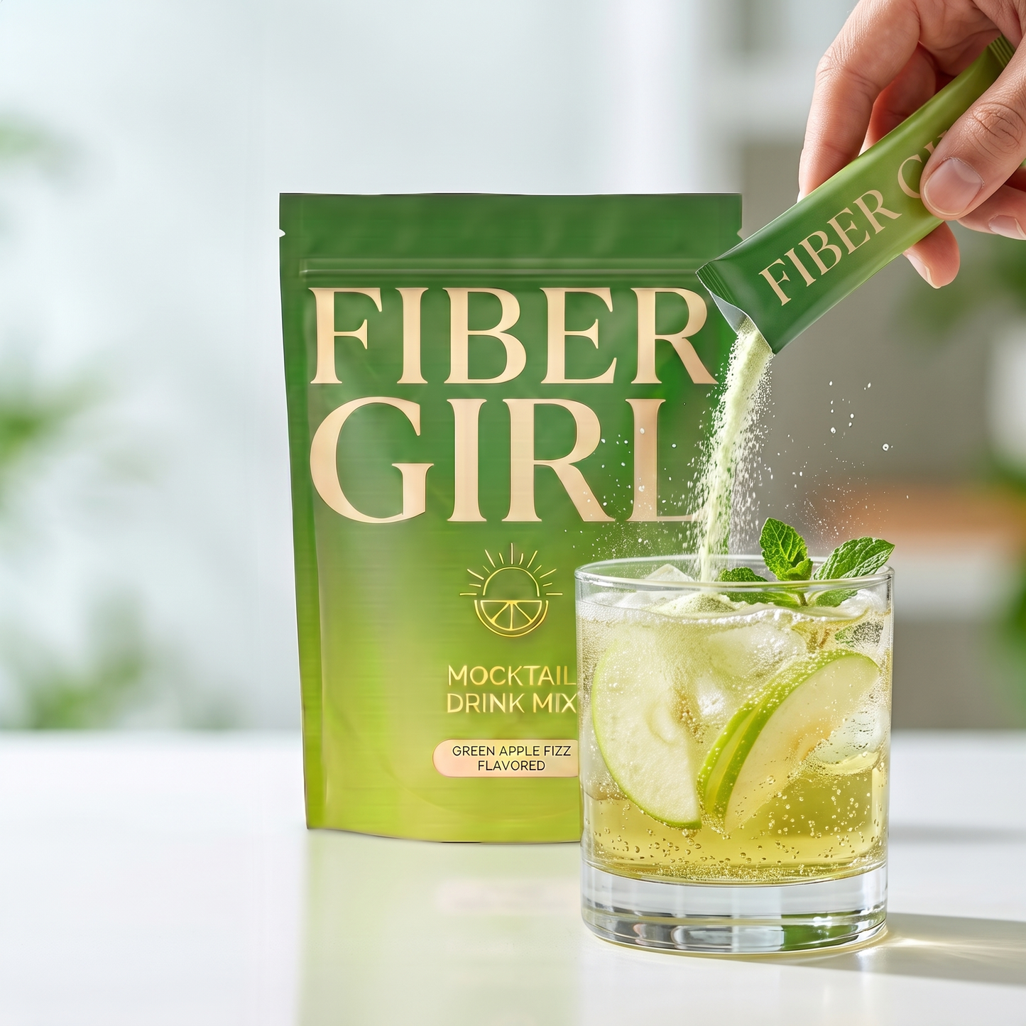 Green apple fizz pour close-up